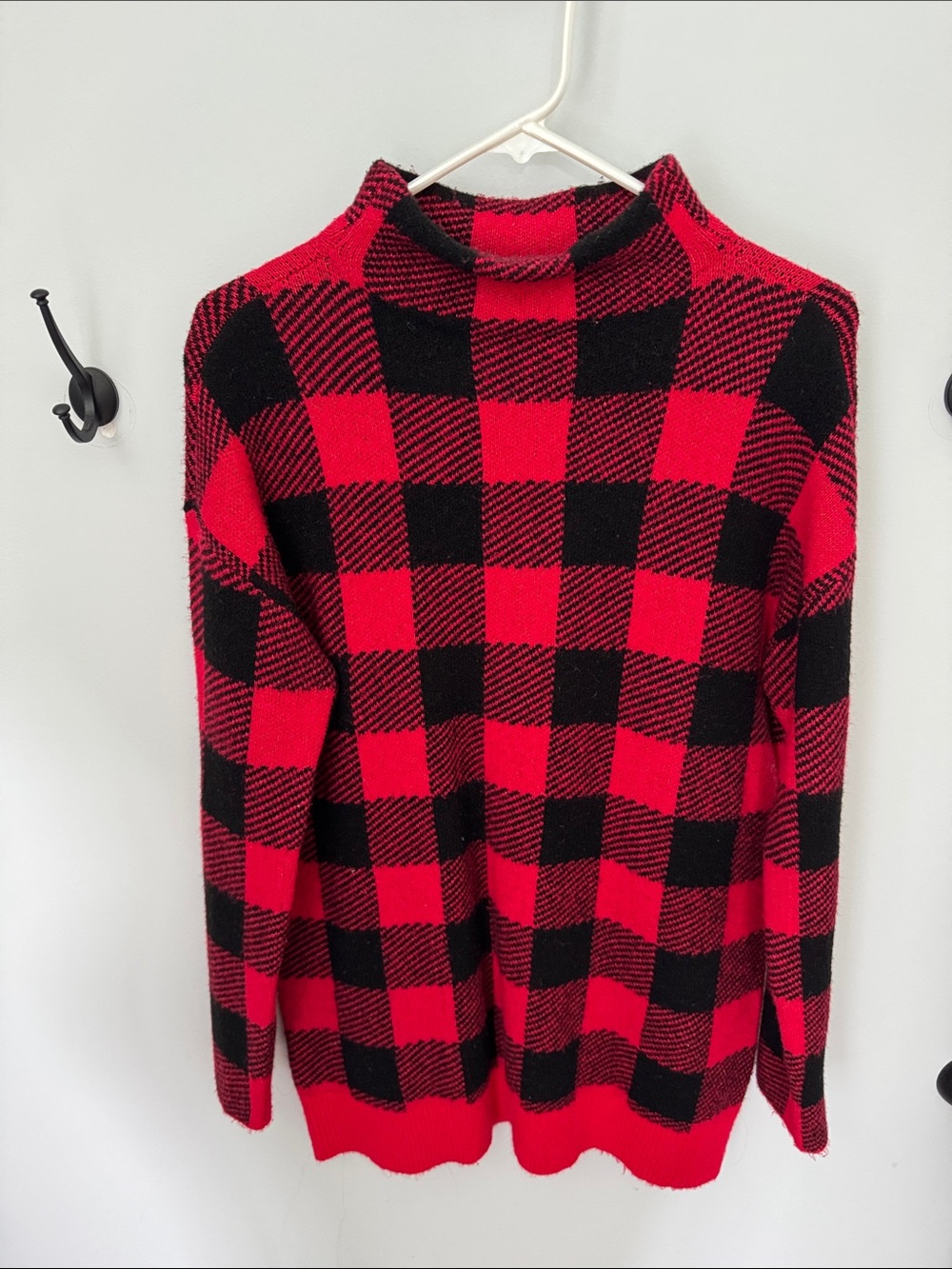 Loft Red and Black Buffalo Plaid Knit mock Neck Sweater